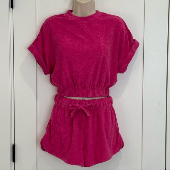 Elan Terry Cloth Matching Set Elastic Hem Crop Top Drawstring Shorts Hot Pink XS - Picture 3 of 10